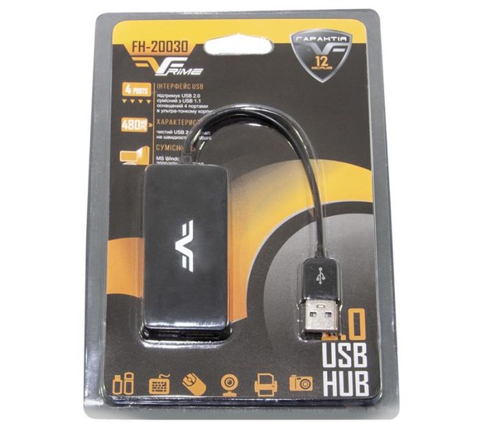 Концентратор USB 2.0 Frime 4хUSB2.0 Black (FH-20030)