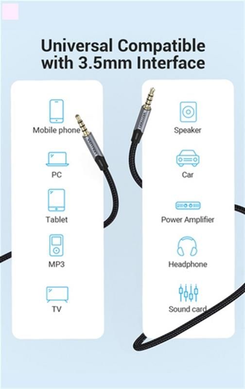 Кабель Vention Audio 3.5 mm - 3.5 mm 1.5 m, Metal Type, Silver (BAQHG)