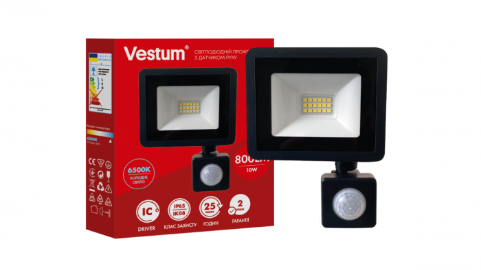 Світлодіодний прожектор с датчиком руху Vestum 10W 800Лм 6500K 180-260V IP65 1-VS-3019