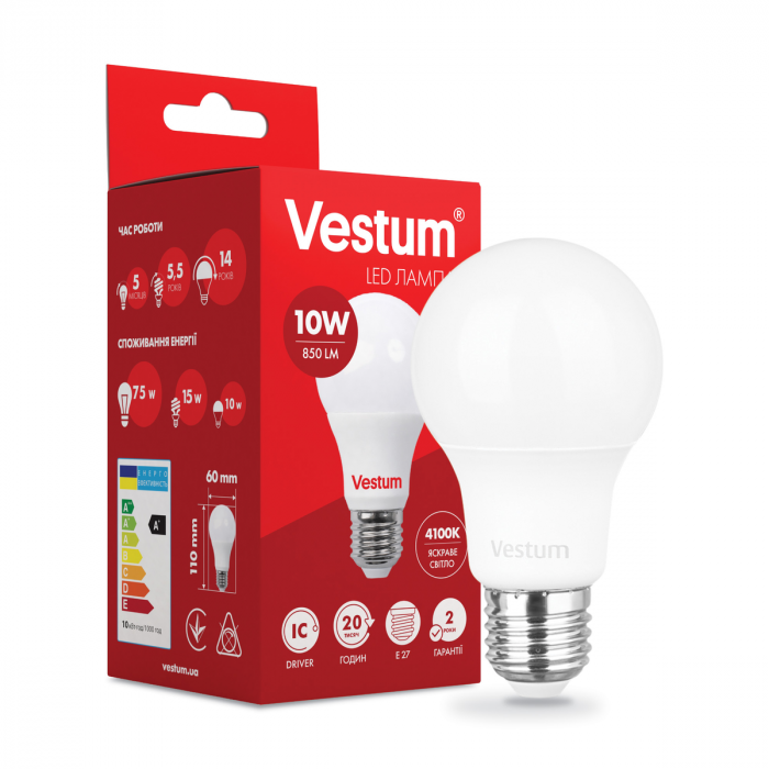 Світлодіодна лампа Vestum A60 10W 4100K 220V E27 1-VS-1105