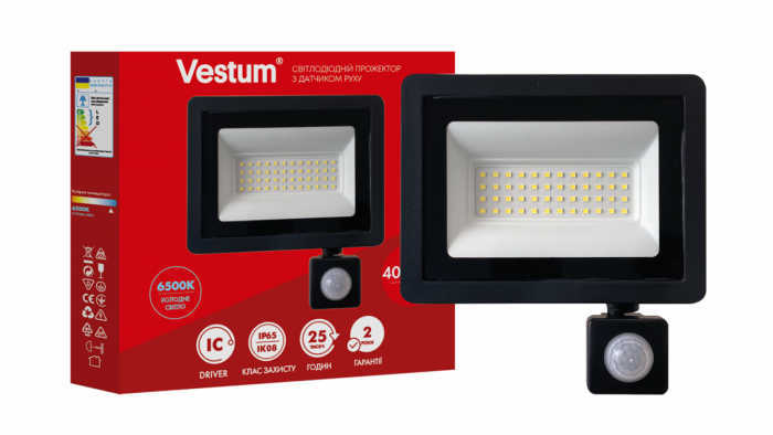 Світлодіодний прожектор з датчиком руху Vestum 50W 4000Лм 6500K 180-260V IP65 1-VS-3022