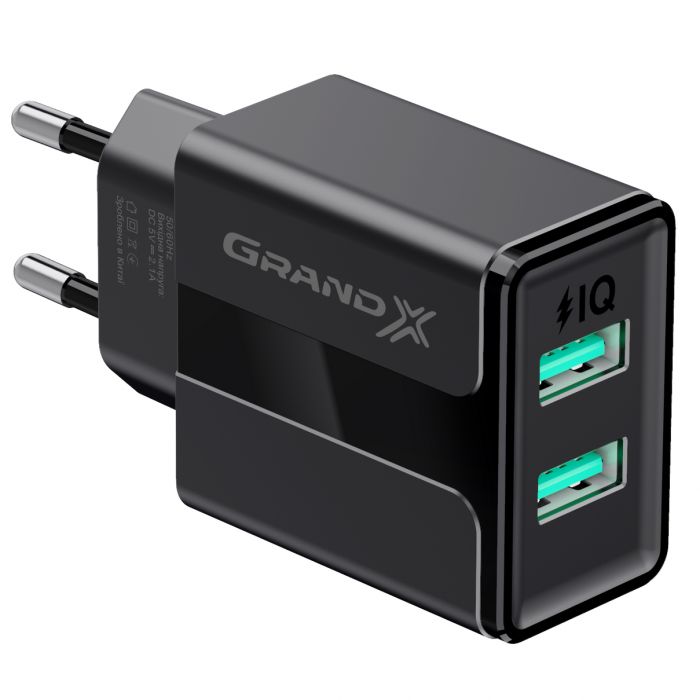 Мережевий зарядний пристрій Grand-X CH-15B (2xUSB 2.1A) Black