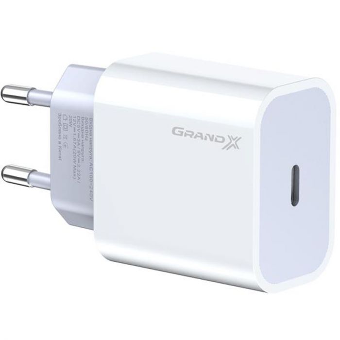 Мережевий зарядний пристрій Grand-X (1xUSB-C 20W) QC4.0, PD 3.0, FCP, AFC White (CH-770)