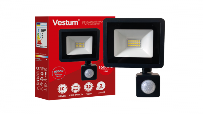 Світлодіодний прожектор з датчиком руху Vestum 20W 1600Лм 6500K 180-260V IP65 1-VS-3020
