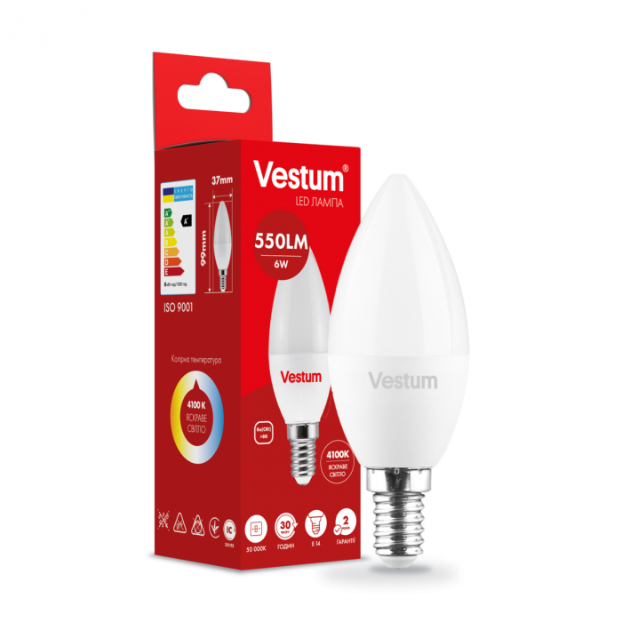 Світлодіодна лампа Vestum C37 6W 4100K 220V E14 1-VS-1303