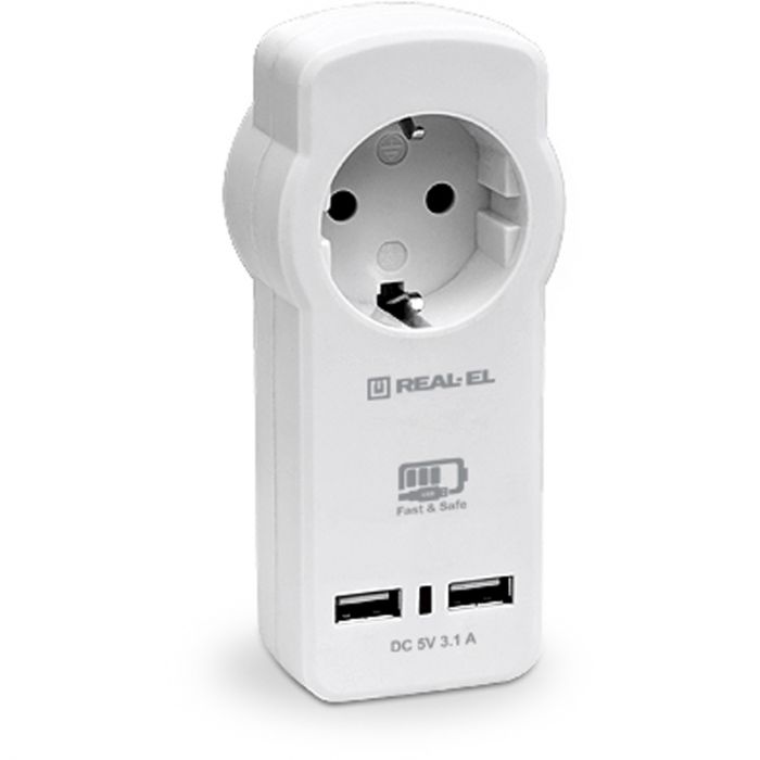 Мережевий зарядний пристрій з розеткою REAL-EL CS-30 (2USB, 3.1A) White