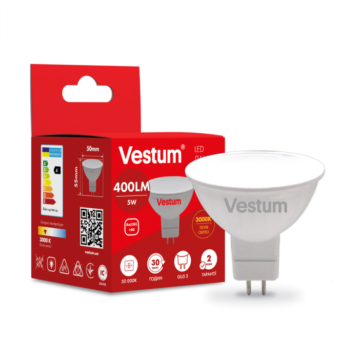 Світлодіодна лампа Vestum MR16 5W 3000K 220V GU5.3 1-VS-1504