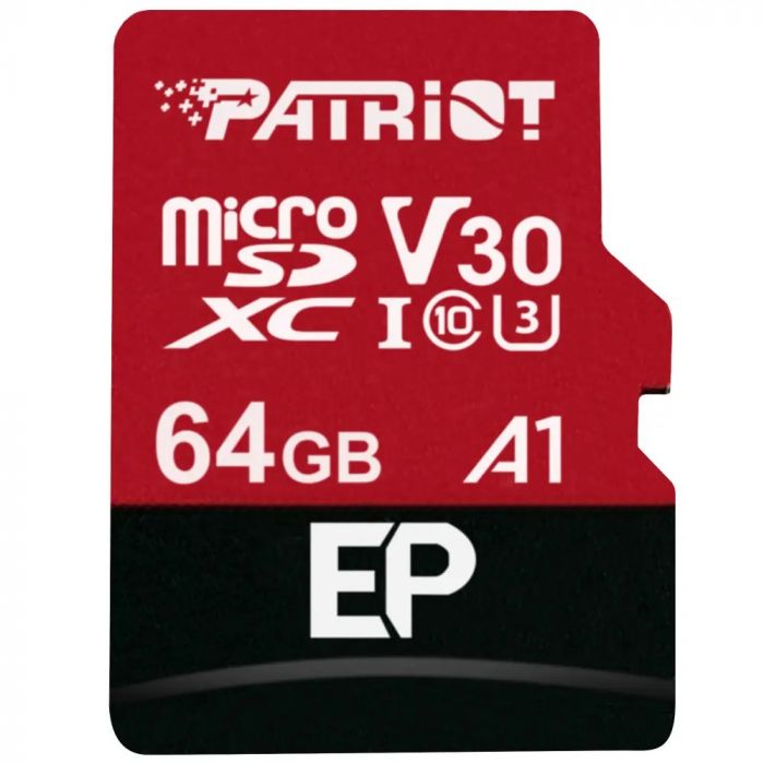 Карта пам`ятi MicroSDXC 64GB UHS-I/U3 Class 10 Patriot EP A1 R90/W80MB/s + SD-adapter (PEF64GEP31MCX)