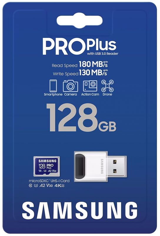 Карта пам`яті MicroSDXC 128GB UHS-I/U3 Samsung Pro Plus R180/W130MB/s + OTG Card reader (MB-MD128SB/WW)