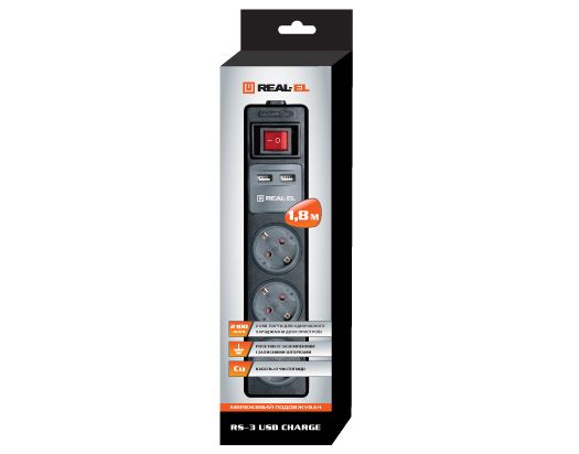 Фільтр живлення REAL-EL RS-3 USB CHARGE 1.8m Black