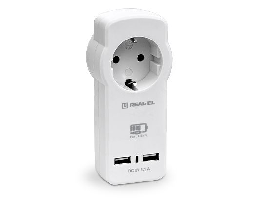 Сетевое зарядное устройство с розеткой REAL-EL CS-30 (2USB, 3.1A) White