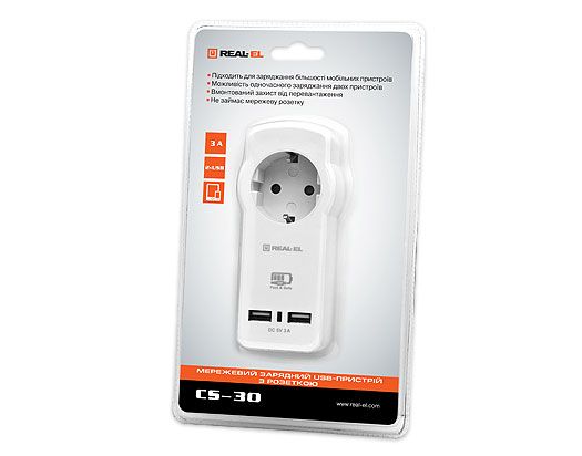 Сетевое зарядное устройство с розеткой REAL-EL CS-30 (2USB, 3.1A) White