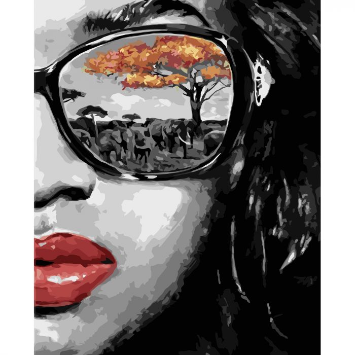 Картина за номерами Strateg ПРЕМІУМ Африка в окулярах з лаком розміром 40х50 см VA-3183