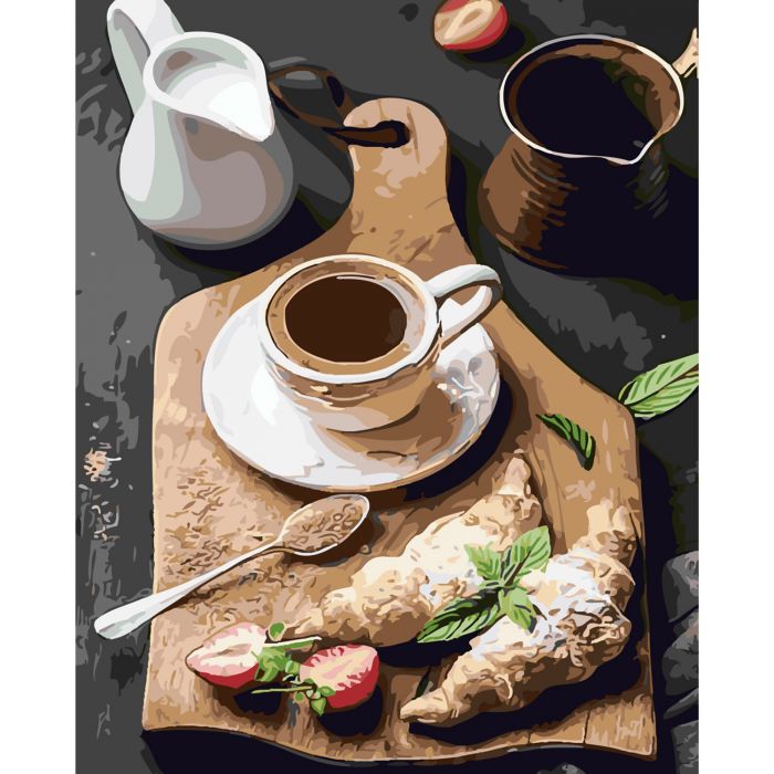 Картина за номерами Strateg ПРЕМІУМ Запашна ранкова кава з лаком розміром 40х50 см SY6255