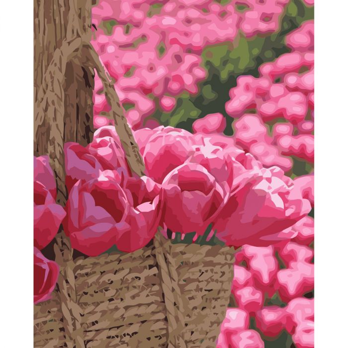 Картина за номерами Strateg ПРЕМІУМ Рожеві тюльпани з лаком розміром 40х50 см VA-3664