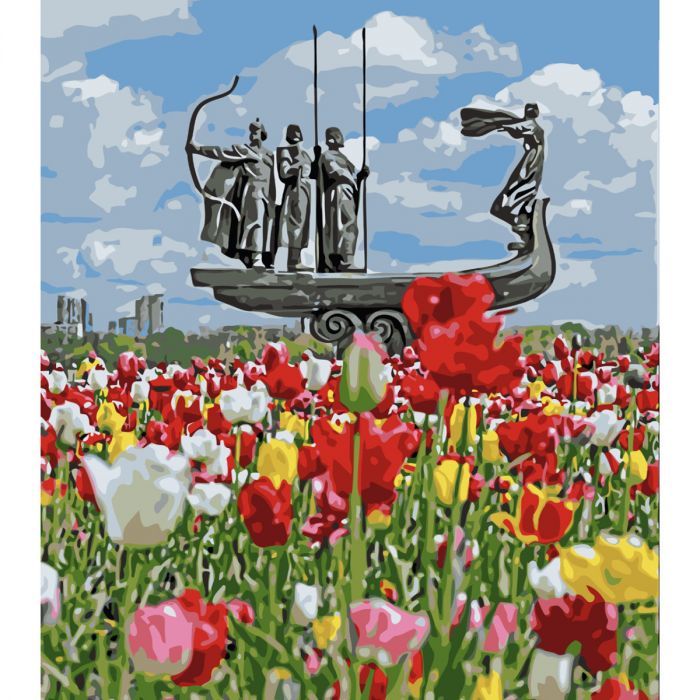Картина за номерами Strateg ПРЕМІУМ Засновники серед тюльпанів з лаком розміром 40х50 см SY6551