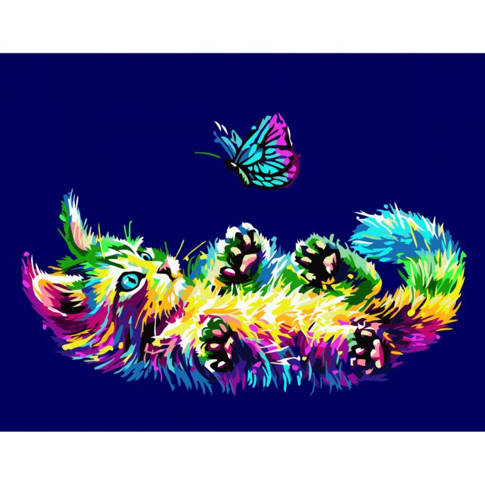 Картина за номерами Strateg ПРЕМІУМ Кошеня та метелик з лаком розміром 40х50 см VA-3659