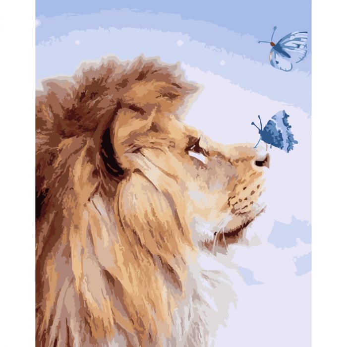 Картина за номерами Strateg ПРЕМІУМ Лев та метелики з лаком розміром 40х50 см (SY6773)