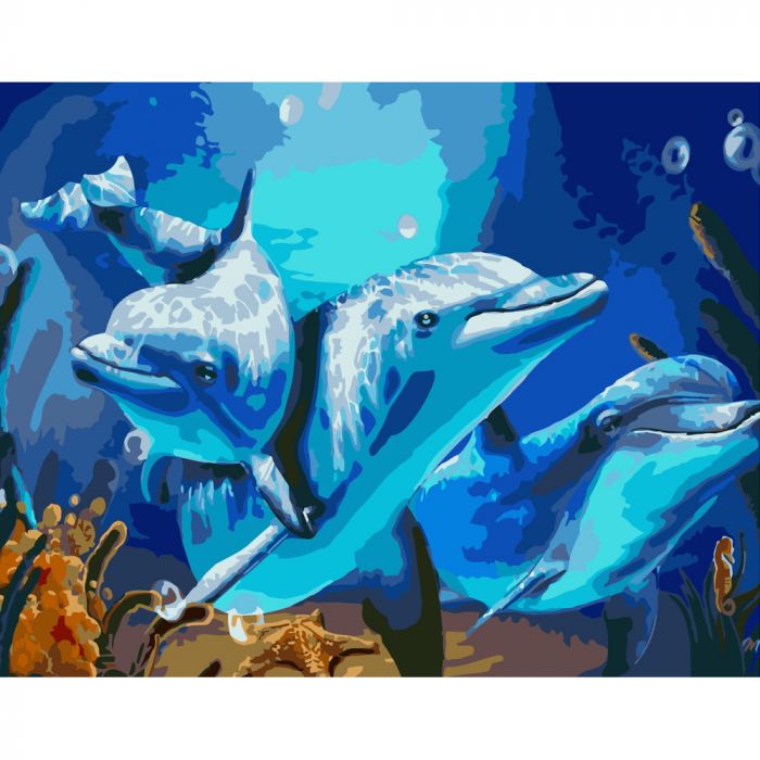 Картина за номерами Strateg ПРЕМІУМ Дружелюбні дельфіни розміром 40х50 см (GS386)