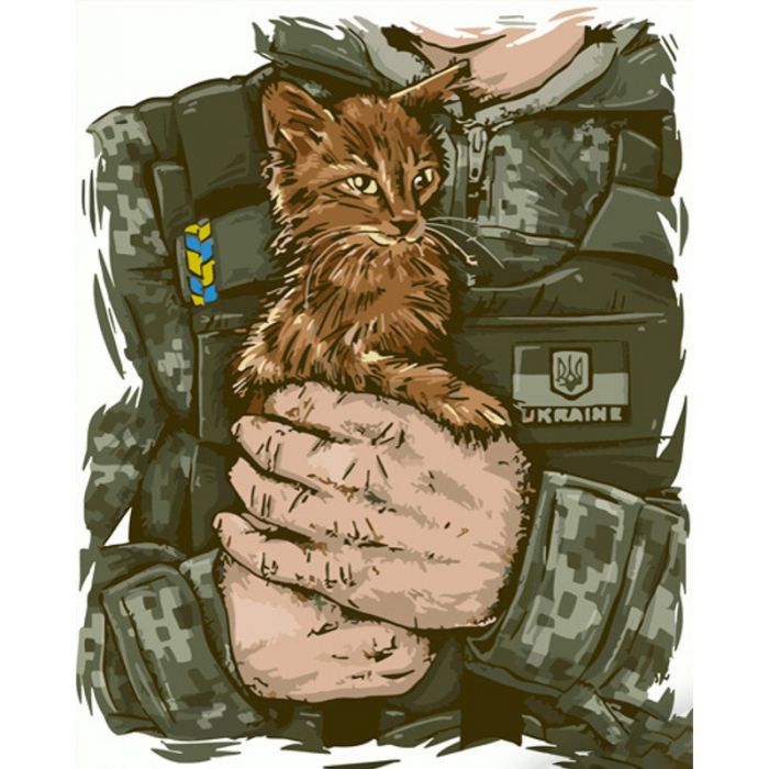 Картина за номерами Strateg ПРЕМІУМ Котик на руках бійця розміром 40х50 см (GS748)