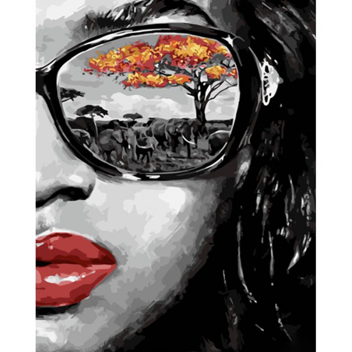 Картина за номерами Strateg ПРЕМІУМ Африка в окулярах з лаком розміром 40х50 см (GS1092)