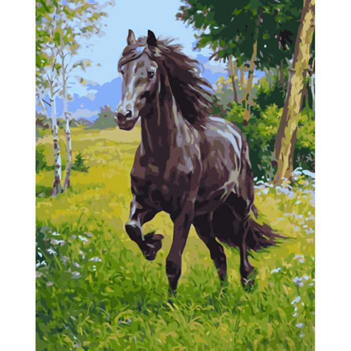 Картина за номерами Strateg ПРЕМІУМ Вороний кінь з лаком розміром 40х50 см (GS1163)