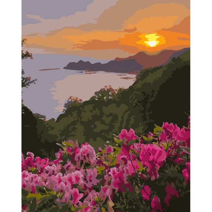 Картина за номерами Strateg ПРЕМІУМ Захід сонця та квіти з лаком розміром 40х50 см (GS1274)