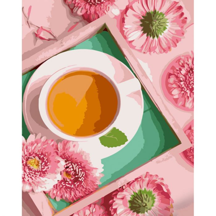 Картина за номерами Strateg ПРЕМІУМ Чаювання в рожевих відтінках з лаком та з рівнем розміром 40х50 см (GS1384)