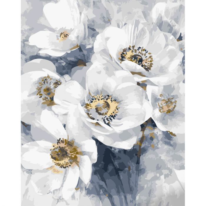 Картина за номерами Strateg ПРЕМІУМ Букет білих квітів з лаком та з рівнем розміром 40х50 см (GS1428)