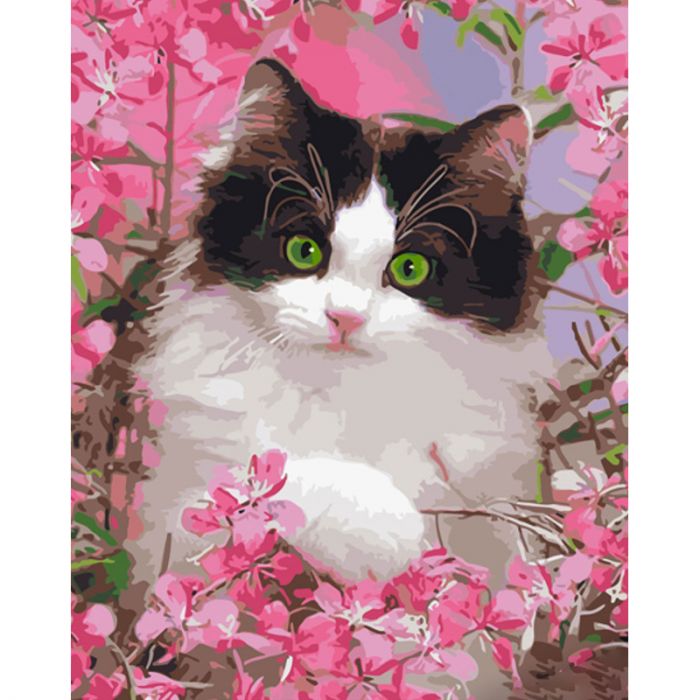 Картина за номерами Strateg ПРЕМІУМ Котик у рожевих квітах з лаком та з рівнем розміром 40х50 см (GS1483)