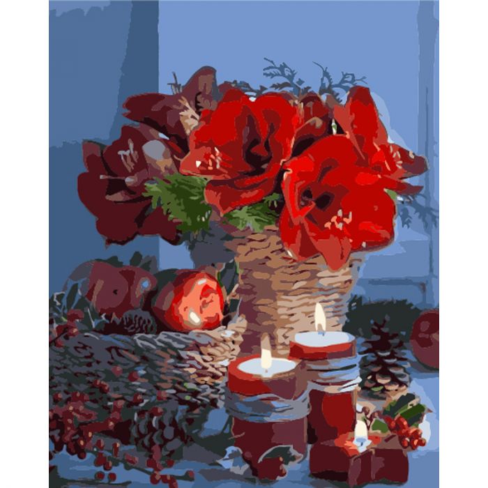 Картина за номерами Strateg ПРЕМІУМ Новорічні свічки з лаком та з рівнем розміром  40х50 см (GS1584)
